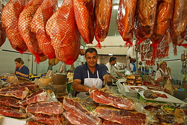 Butchers stand, weekly market, Arta, town, Mallorca, Balearic Islands, Spain, Europe