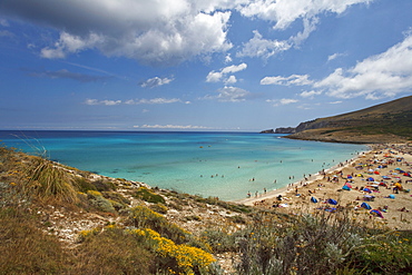 People on the beach in a bay, Cala Mesquida, Mallorca, Balearic Islands, Spain, Europe