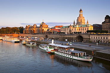 View over the Elbe river to Bruehlsche Terrasse, Frauenkirche and University of visual arts in the evening light, Dresden, Saxonia, Germany, Europe