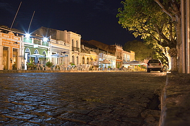 Historical houses with restaurants at the harbour in the evening, Canavieiras, Cacao Coast, State of Bahia, Brazil, South America, America