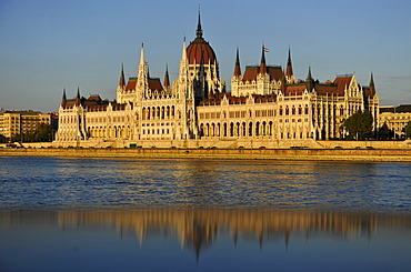 House of Parliament at Danube river in the light of the evening sun, Budapest, Hungary, Europe