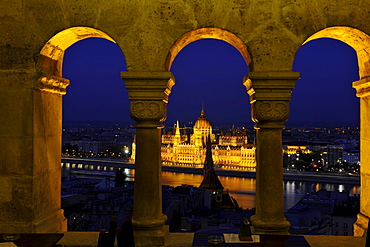 View from the Fisherman's Bastion onto the House of Parliament at Danube river at night, Budapest, Hungary, Europe