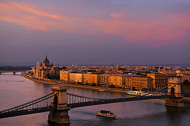 Danube river, House of Parliament and Chain Bridge in the afterglow, Budapest, Hungary, Europe