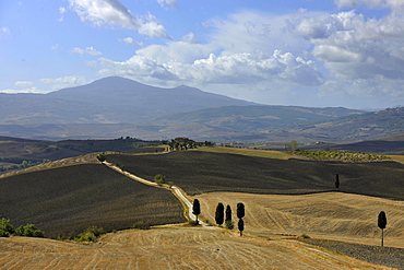 Hilly landscape under clouded sky, Crete, Tuscany, Italy, Europe