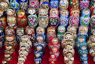 Matryoshka (babushka) dolls for sale at souvenir stand, St. Petersburg, Russia