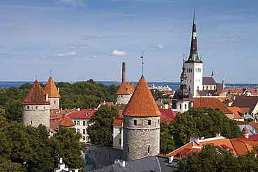 Overhead of city with churches and towers from Toompea hill, Tallinn, Harjumaa, Estonia