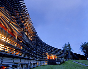 Hotel exterior view in the evening, Vigilius Mountain Resort, Vigiljoch, Lana, Trentino-Alto Adige/Suedtirol, Italy