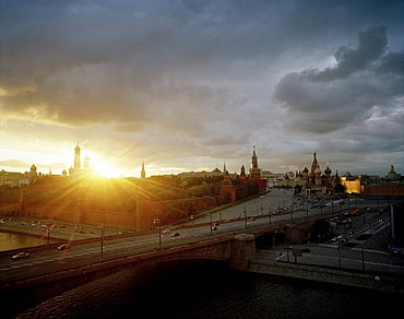 View from Kempinski Hotel over Moskva to St. Basil's Cathedral at sunset, Red Square and Kremlin, Moscow, Russia, Europe