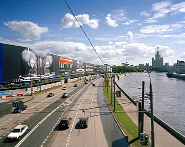 View on billboards and street along river Moskva, Moscow, Russia, Europe