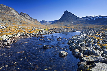 Leira river under blue sky, Jotunheimen National Park, Kyrkja, Norway, Europe