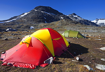 Tents in front of a mountain, Jotunheimen National Park, Norway, Europe