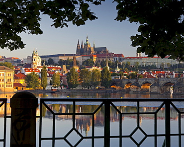 View towards Prague castle over the Vltava river, Prague, Czech Republic