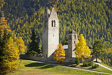 Ruins of the church San Gian in the sunlight, Engadin, Grisons, Switzerland, Europe