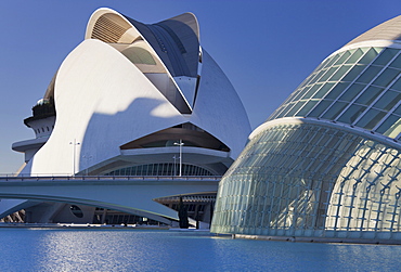 L'Hemisferic and Palau de les Arts Reina Sofia in the sunlight, Ciudad de las Artes y de las Ciencias, Valencia, Spain, Europe