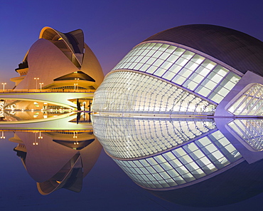 IMAX cinema L'Hemisferic and Palau de les Arts Reina Sofia at night, Ciudad de las Artes y de las Ciencias, Valencia, Spain, Europe