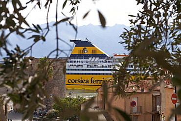 Ferry docks in the harbor of Calvi, Corsica, France