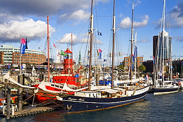 Fire ship at harbour in front of Hanseatic Trade Center, Hanseatic citiy of Hamburg, Germany, Europe