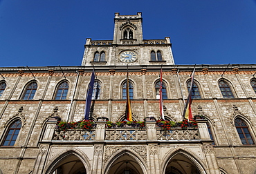 View of the fassade with flaggs, Town Hall, Weimar, Turingia, Germany