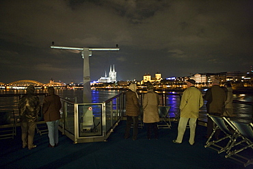 Cologne cathedral at night, seen from Rhine river cruise ship MS Bellevue, TC Bellevue, TransOcean Kreuzfahrten, Cologne, North Rhine-Westphalia, Germany