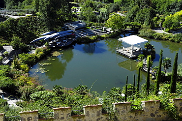 High angle view of botanical garden, Trauttmannsdorff castle, Merano, Alto Adige, South Tyrol, Italy, Europe