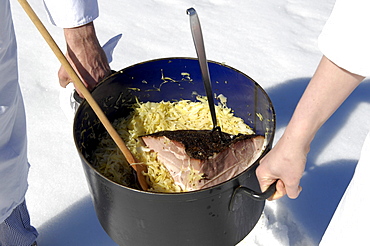 Big marmite with sauerkraut and ham, Restaurant Durnwald, Val Pusteria, Alto Adige, South Tyrol, Italy, Europe