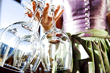 Waitress wearing a dirndl carrying wine glasses, Alto Adige, South Tyrol, Italy, Europe