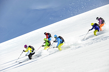 Skiers at descent, Alto Adige, South Tyrol, Italy, Europe