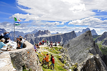 People in the mountains under clouded sky, Dolomiti ampezzane, Alto Adige, South Tyrol, Italy, Europe