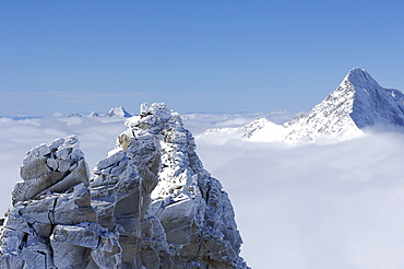 Snow covered mountains and sea of fog, Dolomites, Alto Adige, South Tyrol, Italy, Europe