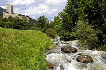 The Fuerstenburg castle above the river Etsch, Burgeis, Alta Val Venosta, Alto Adige, South Tyrol, Italy, Europe