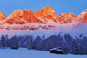 Snowy mountains at sunset, Nature park Schlern, Dolomites, South Tyrol, Alto Adige, Italy, Europe