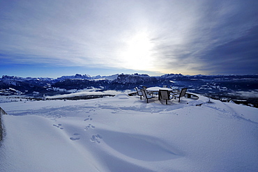 Snowy mountain scenery under clouded sky, South Tyrol, Alto Adige, Italy, Europe