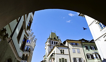 View through a gate onto houses at the old town, Bolzano, South Tyrol, Alto Adige, Italy, Europe