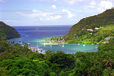 Idyllic bay under clouded sky, Marigot Bay, St. Lucia, Caribbean, America