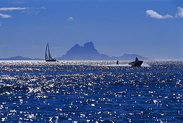 Water skiing, sailing boat, Bora Bora, French Polynesia