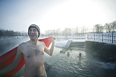 Man bathing in River in the Winter, Omsk, Sibiria, Russia