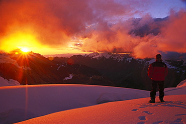 Man watching the sunset, Alpamayo, Cordillera Blanca, Peru, South America