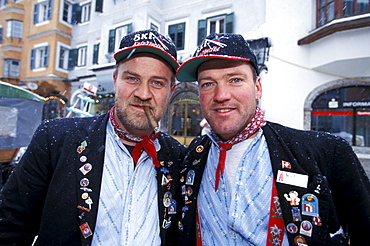 Two supporters of the Hahnenkamm race, Kitzbuehel, Tyrol, Austria, Europe