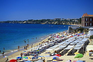 Bathing beach in the sunlight, Quarteira, Algarve, Portugal, Europe