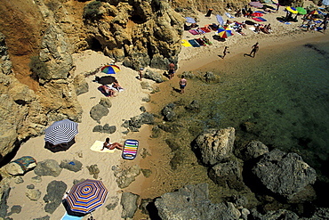 High angle view of beach in a bay, Praia Coelha, near Albufeira, Algarve, Portugal, Europe