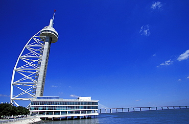 Vasco da Gama tower and Vasco da Gama bridge at the river Tejo, Parque das Nacoes, Lisbon, Portugal, Europe