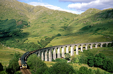 Train on Glenfinnan viaduct, Invernesshire, Scotland, Great Britain, Europe