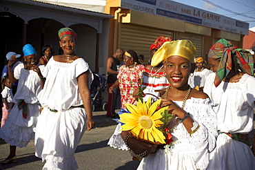 Women dressed in white at the Poppy Carnival, Le Moule, Grande-Terre, Guadeloupe, Caribbean Sea, America