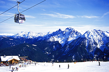 Cable car and people in front of a ski hut, Olang, Kronplatz, Plan de Corones, Dolomites, South Tyrol, Italy, Europe