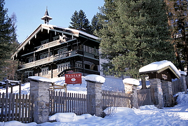 Snow covered museum in the mountains, St. Anton, Tyrol, Austria, Europe