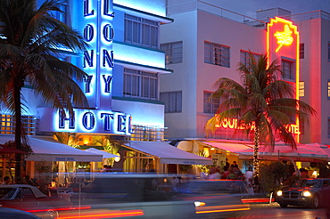 The illuminated Colony hotel at night, Ocean Drive, South Beach, Miami, Florida, USA, America