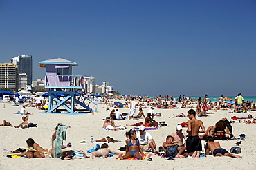 Saandy beach, the Art Deco style, lifeguard tower, South Beach, Miami, Florida, USA