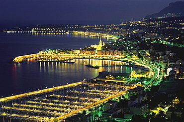 Illuminated seaport at night, Menton, Cap Martin, Cote dÂ¥Azur, Alpes Maritimes Provence, France, Europe