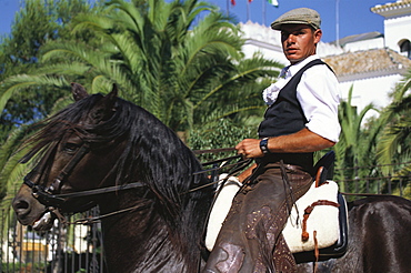 Man on horseback, Feria de la Manzanilla, Sanlucar de Barrameda, Cadiz, Andalusia, Spain, Europe