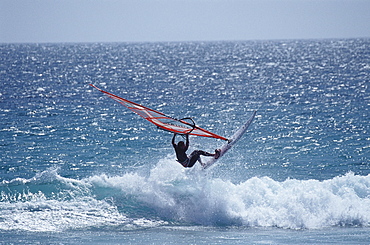 Sailboarder in the surge, Costa de la Luz, Cadiz, Andalusia, Spain, Europe